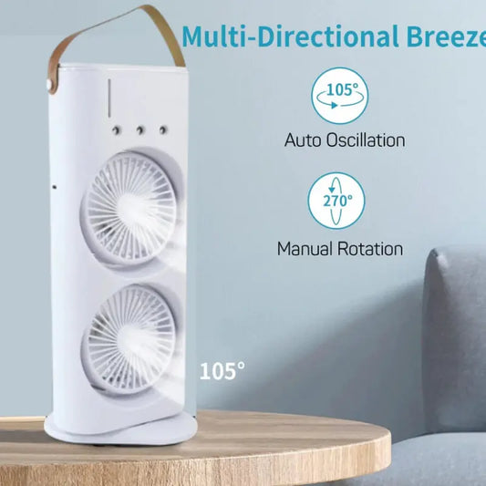 Vertex Dual-Cool Double Head Mist Cooling Fan with Remote | 3-Speed USB Rechargeable Air Cooler for Desk & Bedroom (1 Pc With Remote)