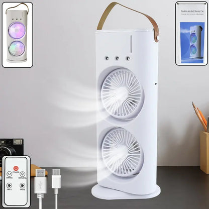 Vertex Dual-Cool Double Head Mist Cooling Fan with Remote | 3-Speed USB Rechargeable Air Cooler for Desk & Bedroom (1 Pc With Remote)